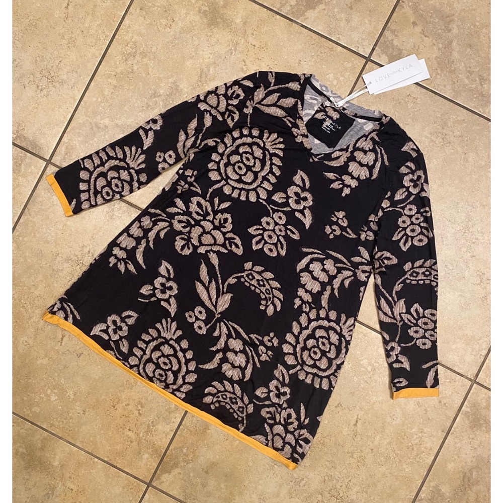 NWT Love by Kyla Seo Small Floral Tunic Top V-Neck Long Sleeve Black Yellow NEW - Picture 3 of 14